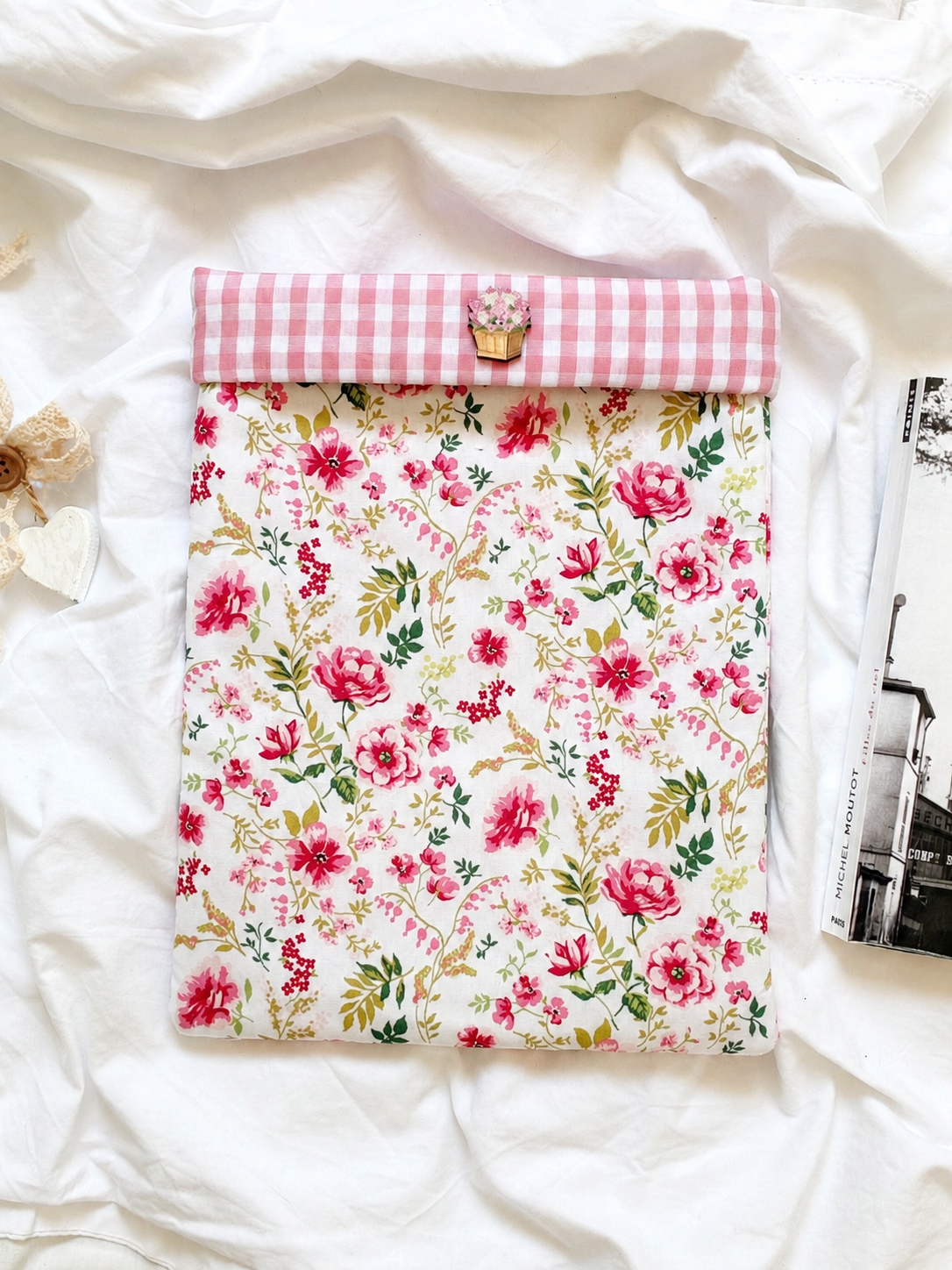 Pochette Roses romantiques vichy rose